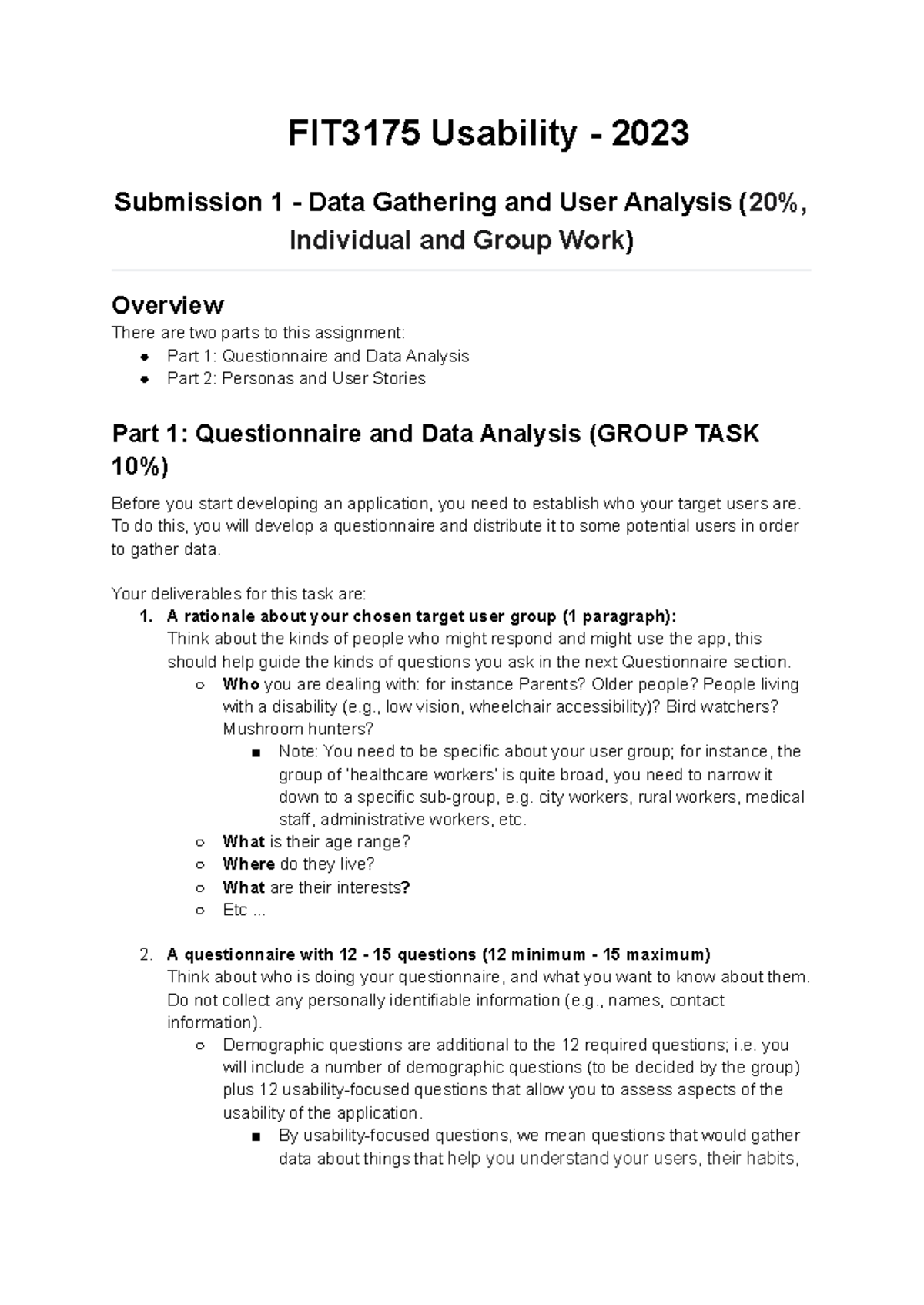 FIT3175 2023 Submission 1 Brief - FIT3175 Usability - 2023 Submission 1 ...