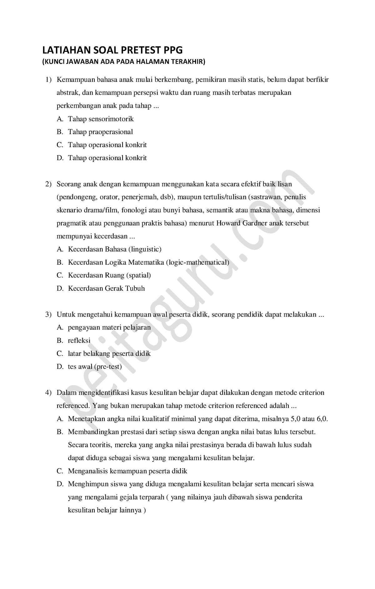 Latihan Soal Pretest PPG Pelitaguru - LATIAHAN SOAL PRETEST PPG (KUNCI ...