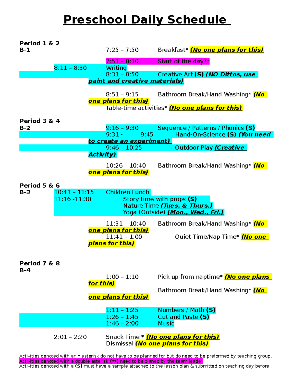 Preschool Daily Schedule - Preschool Daily Schedule Period 1 & 2 B-1 7: