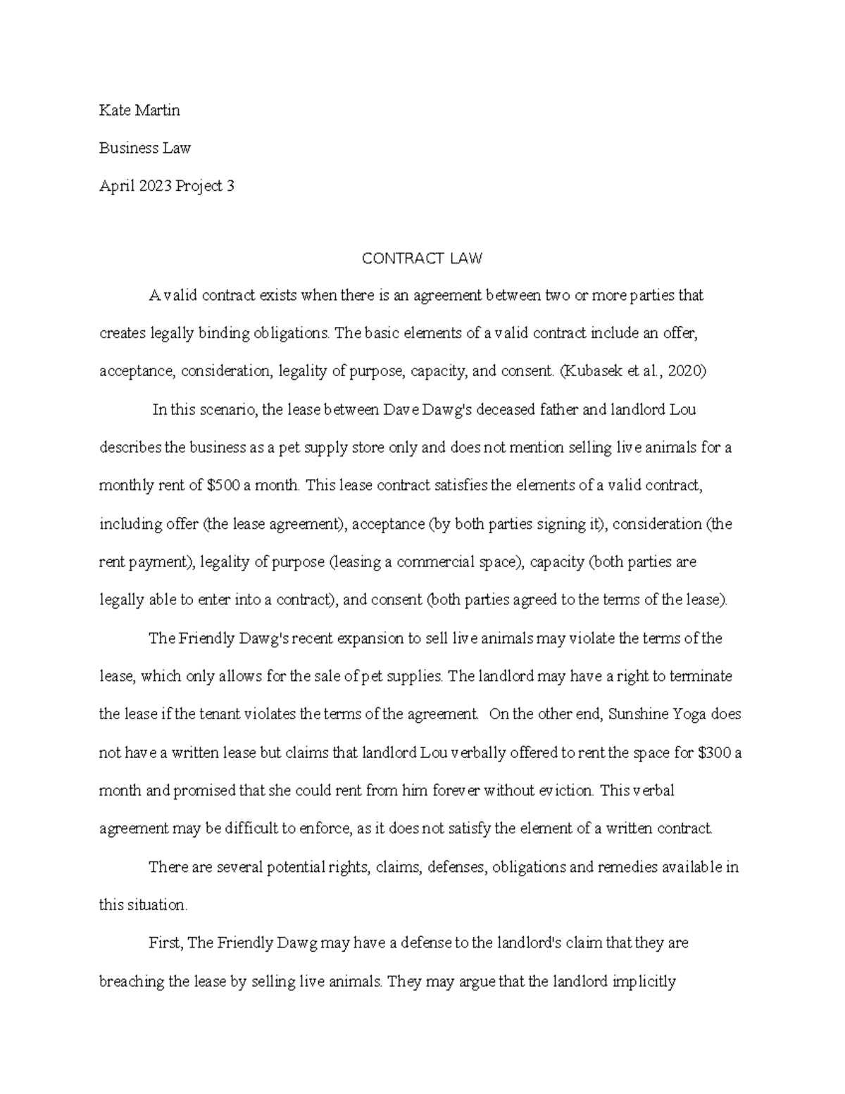 Contract law (1)doc - homework - Kate Martin Business Law April 2023 ...