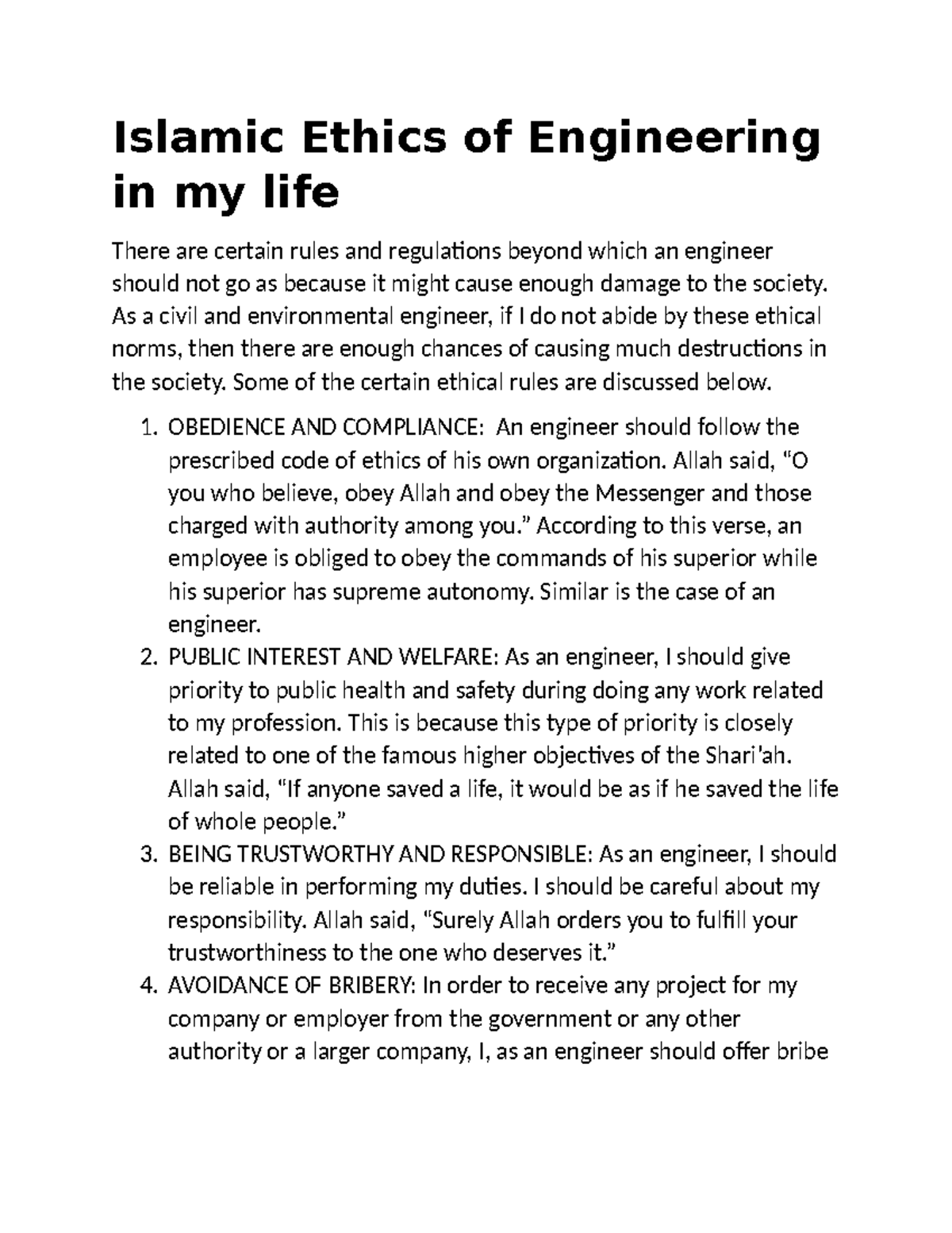 Islamic Ethics of Engineering in my life - Islamic Ethics of ...