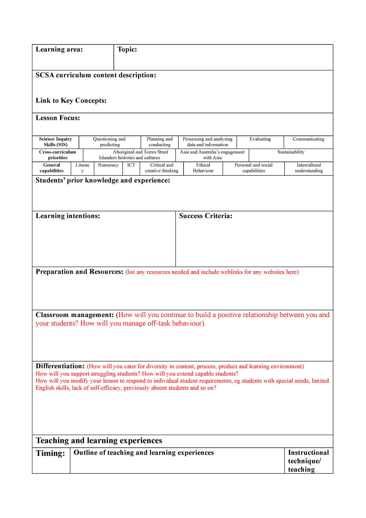 Lesson plan template - Learning area: Topic: SCSA curriculum content ...