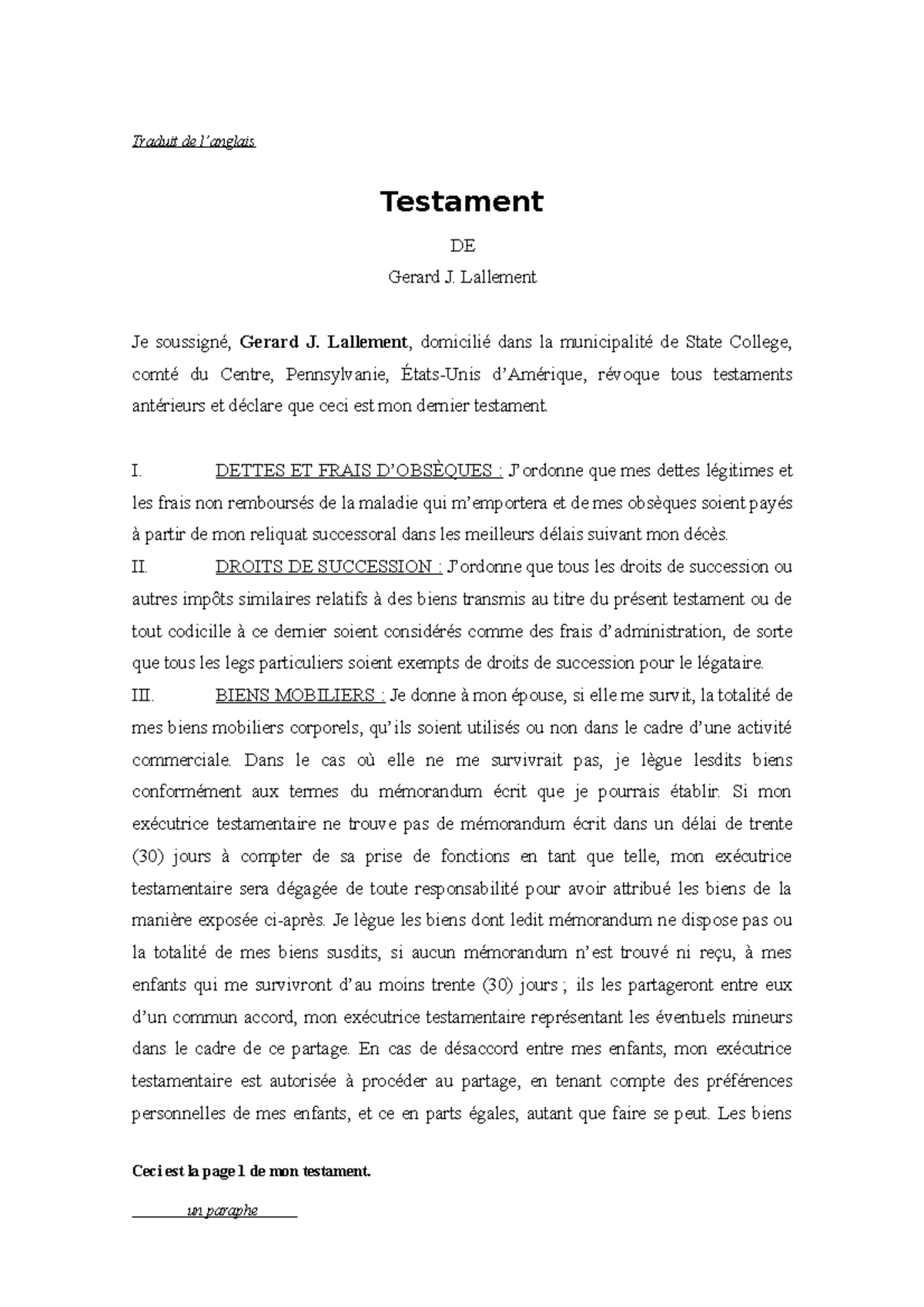 Testament 03 FR Lallement Traduit de l’anglais Testament DE Gerard J
