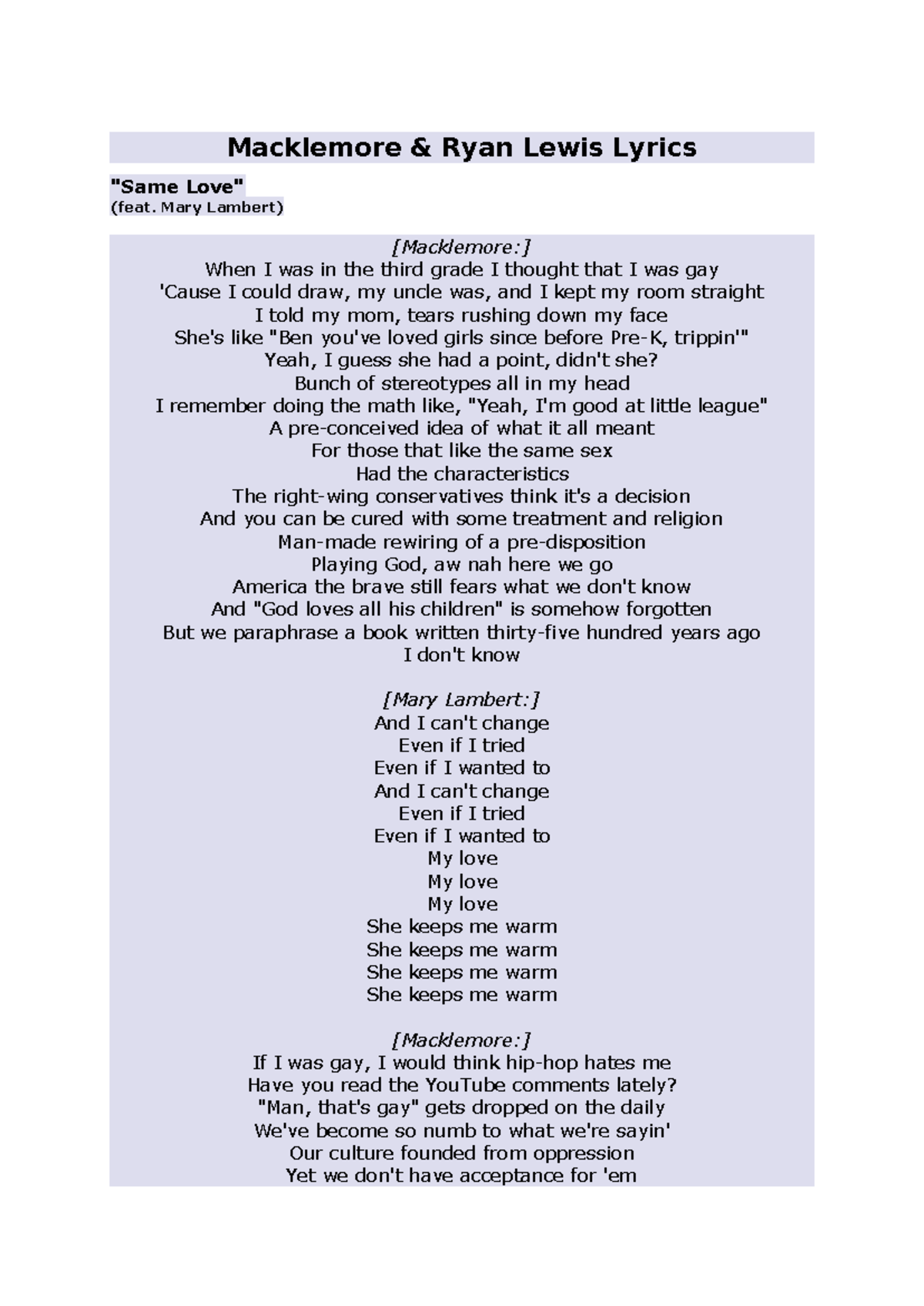 Same love lyrics - Macklemore & Ryan Lewis Lyrics "Same Love"  (feat. Mary Lambert) - Studeersnel