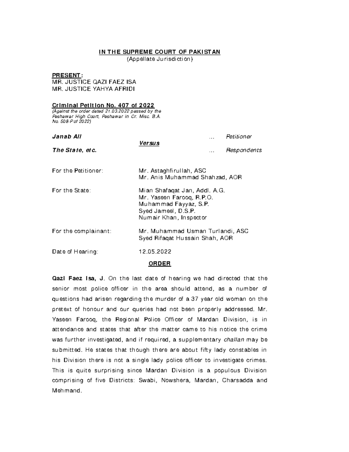 Qazi isa faiz - criminal petition no 407 of 2022 - IN THE SUPREME COURT ...