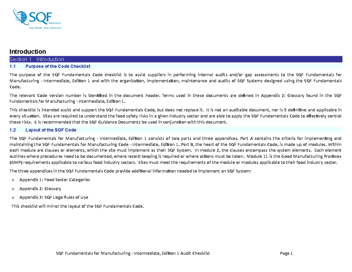 SQF Fundamentals for Manufacturing Intermediate - Introduction Section ...