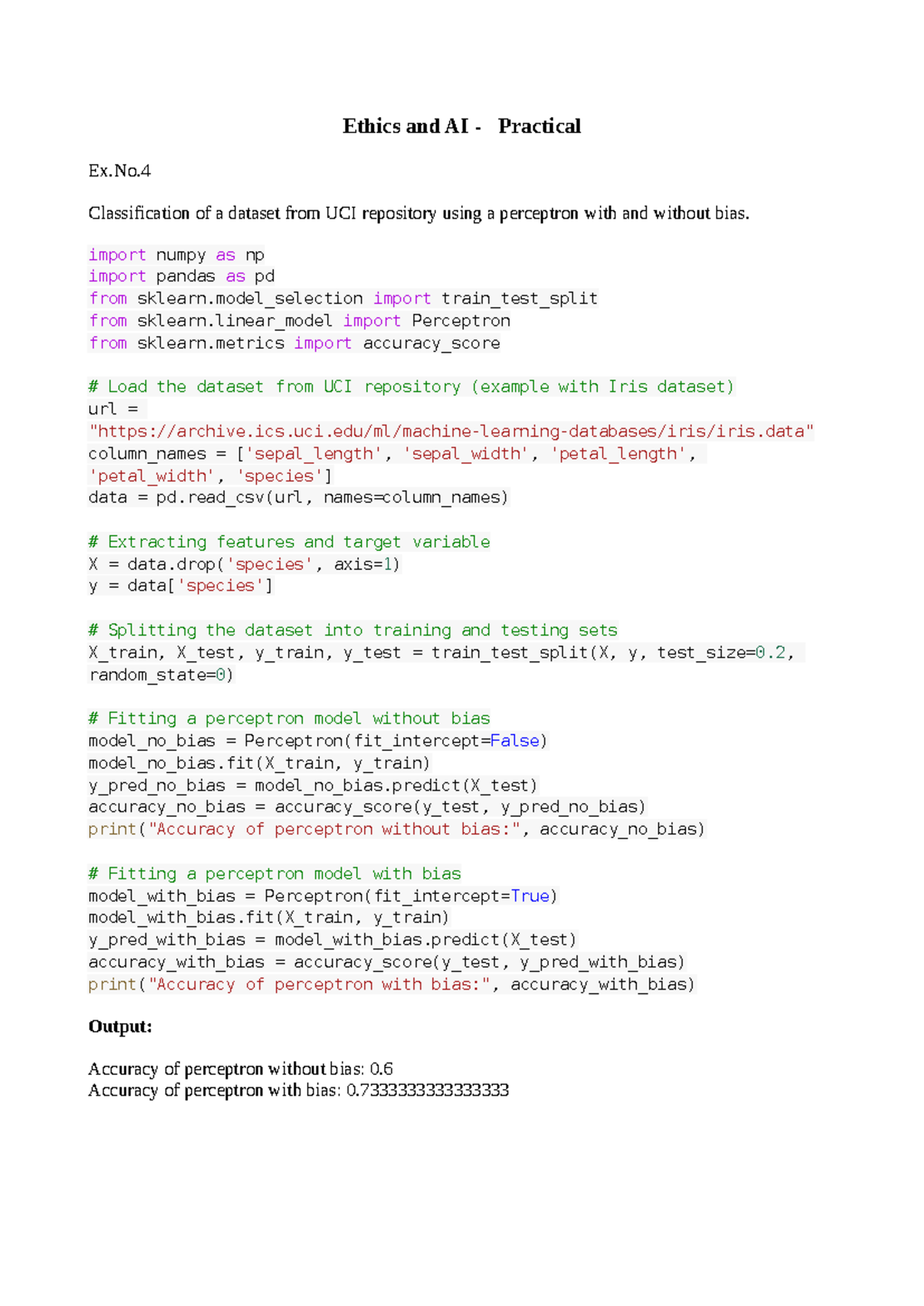 Ethics and AI Ex-4 - Classification of a dataset from UCI repository ...