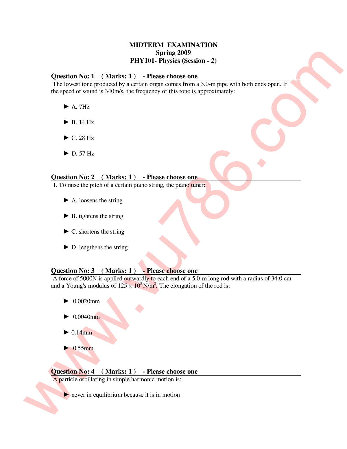 Mth101 Midterm Mcqs - MIDTERM EXAMINATION Spring 2009 PHY101- Physics ...