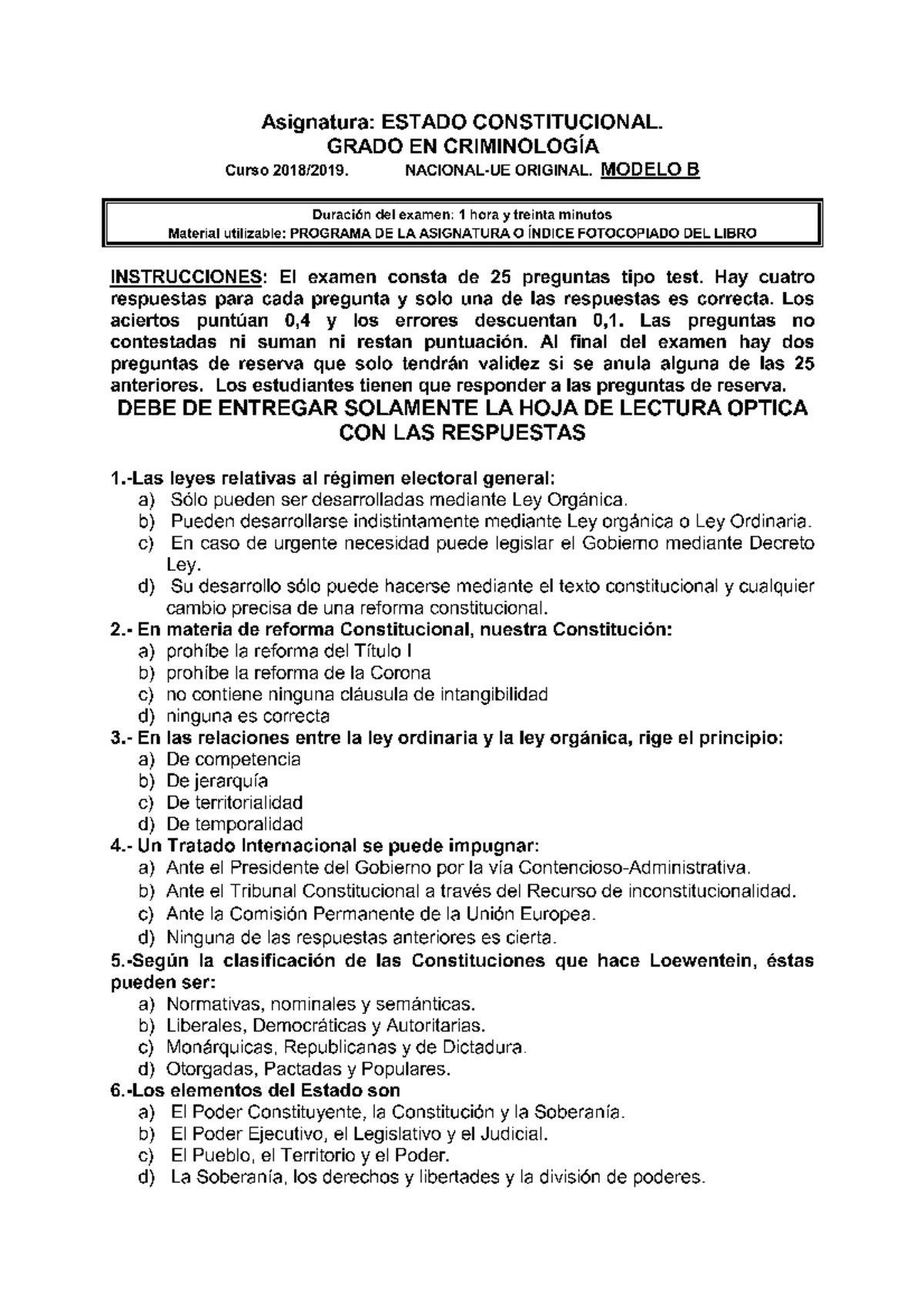 2019 Modelo B Febrero 2 Semana - Teoría Del Estado Constitucional - Studocu
