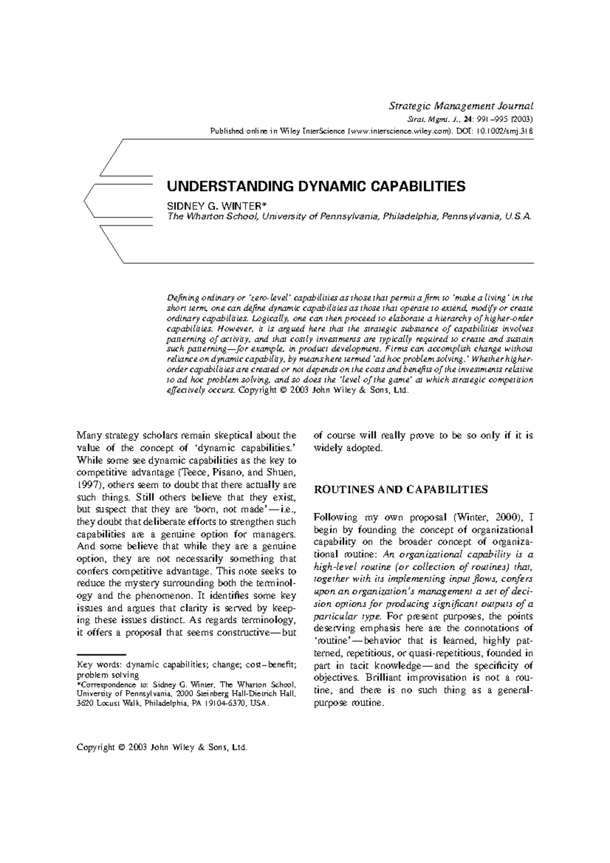 Understanding dynamic capabilities winter - Strategic Management ...