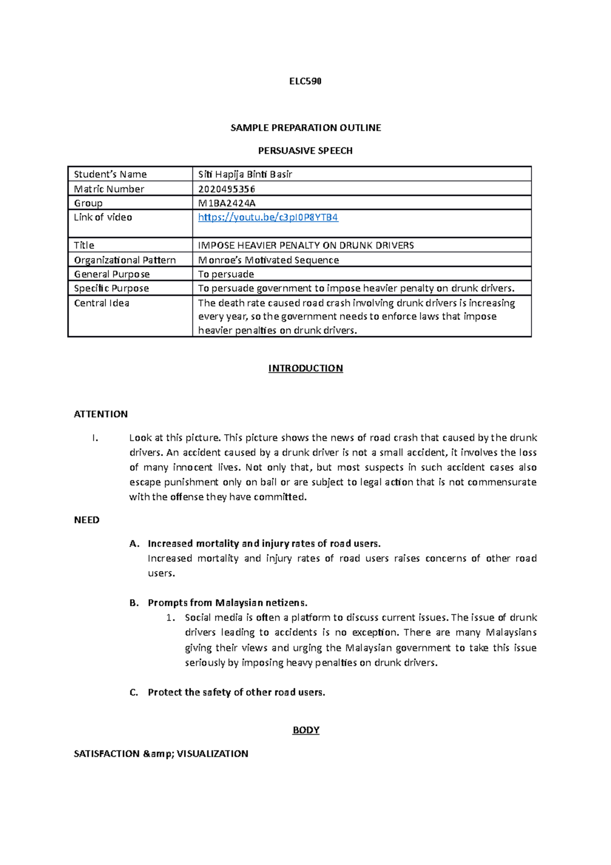 Persuasive Outline SITI Hapija - ELC SAMPLE PREPARATION OUTLINE ...