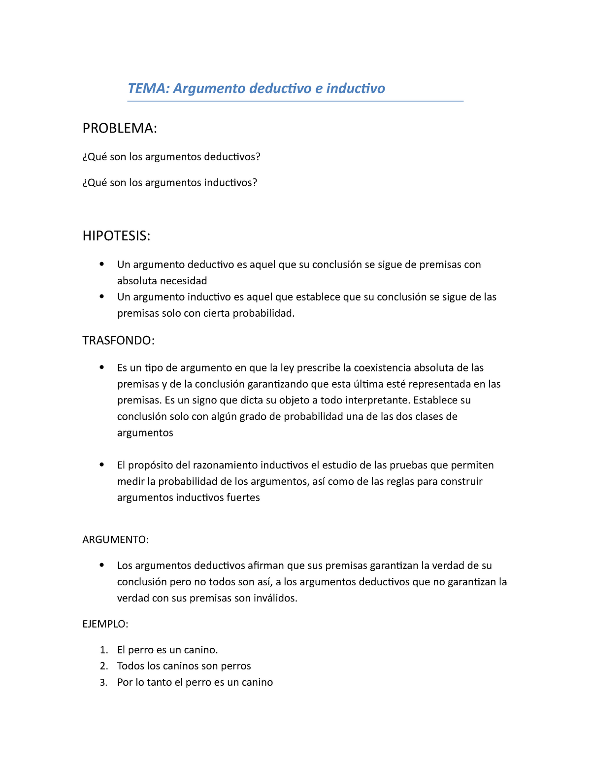 Argumentos deductivos e inductivos TEMA Argumento