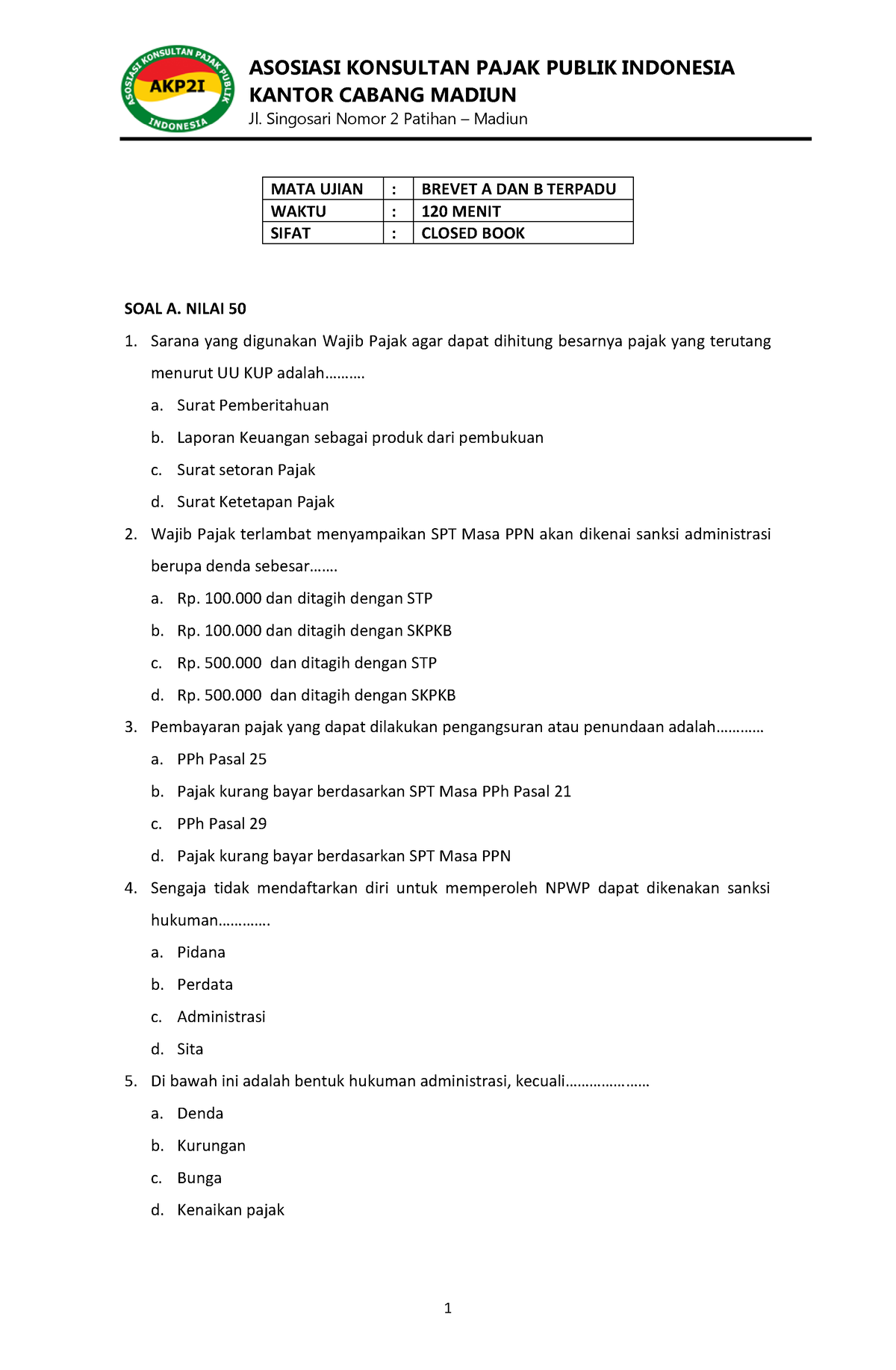 Contoh SOAL Ujian 1 Brevet A DAN B Terpadu AKP2I PHBT - ASOSIASI ...