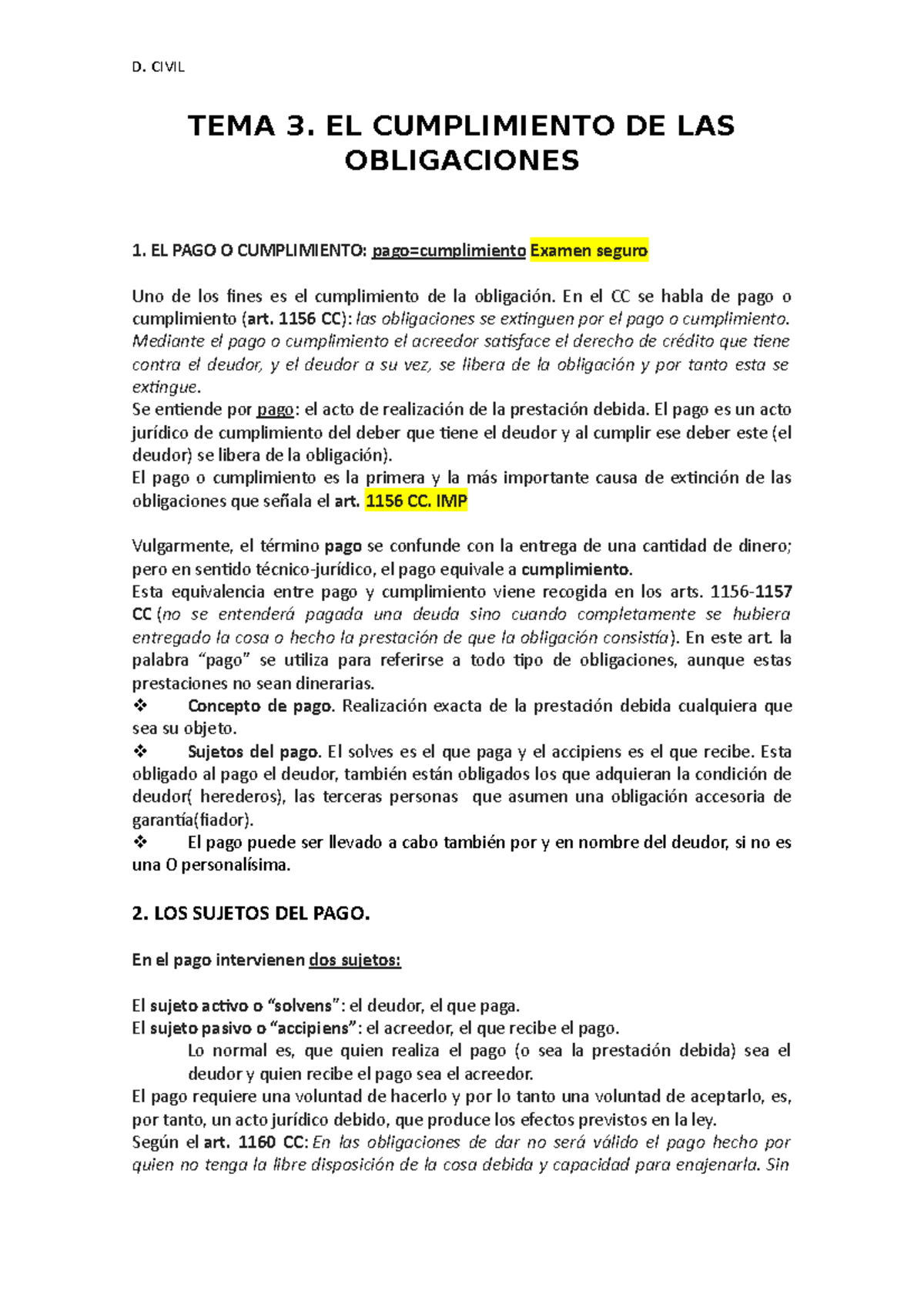 Tema 3 civil - Apuntes 3 - TEMA 3. EL CUMPLIMIENTO DE LAS OBLIGACIONES ...
