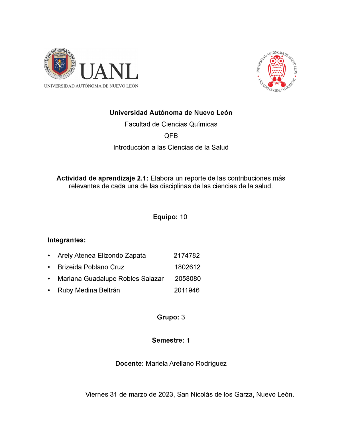 Act De Aprendizaje 21 Universidad Autónoma De Nuevo León Facultad De Ciencias Químicas Qfb 7372