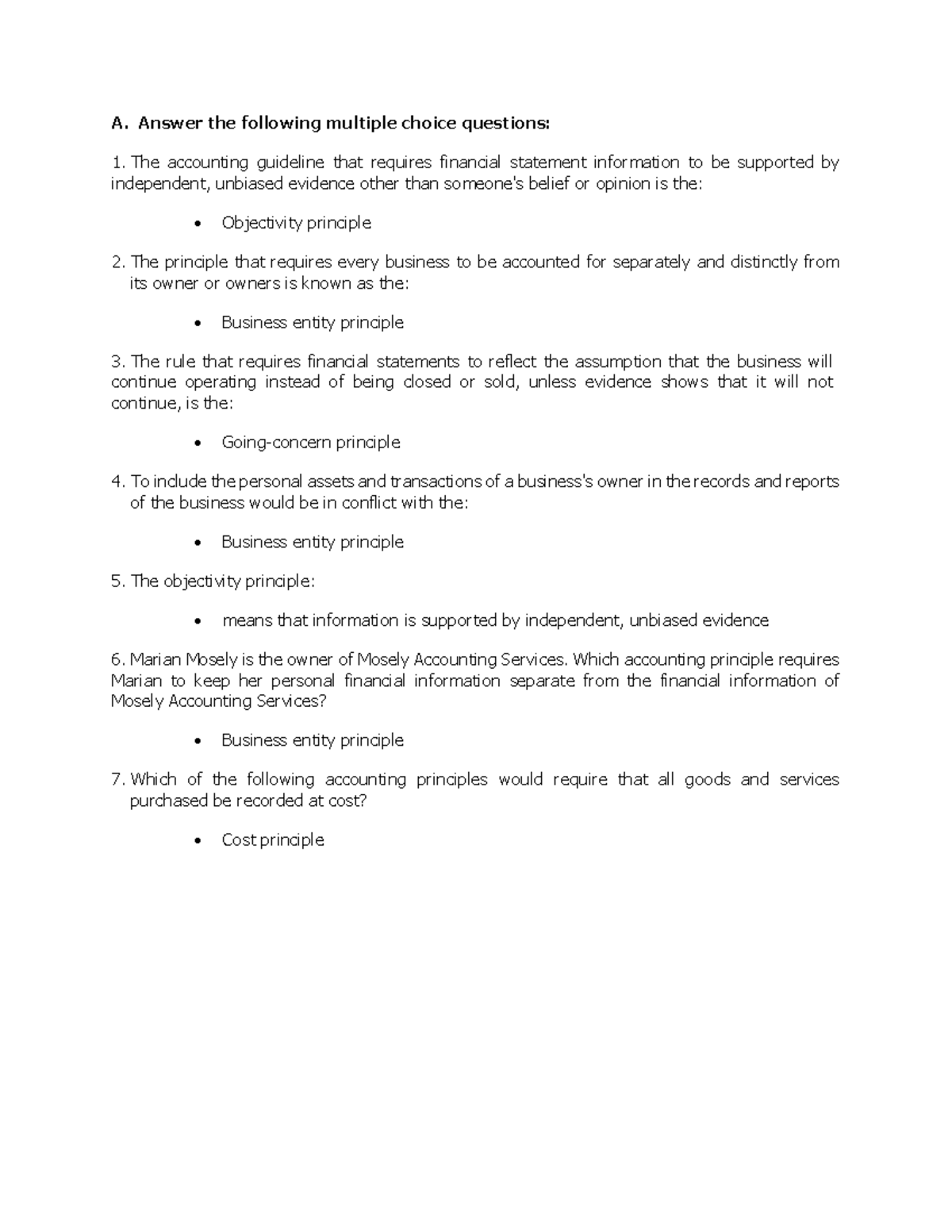 Accounting Concepts and Principles exercise - A. Answer the following ...
