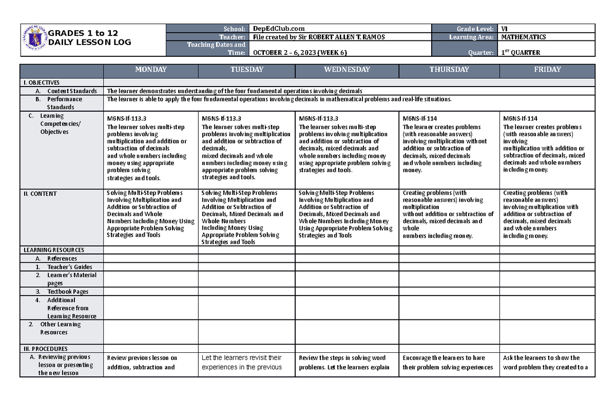 DLL Mathematics 6 Q1 W6 - DLL - GRADES 1 to 12 DAILY LESSON LOG School ...