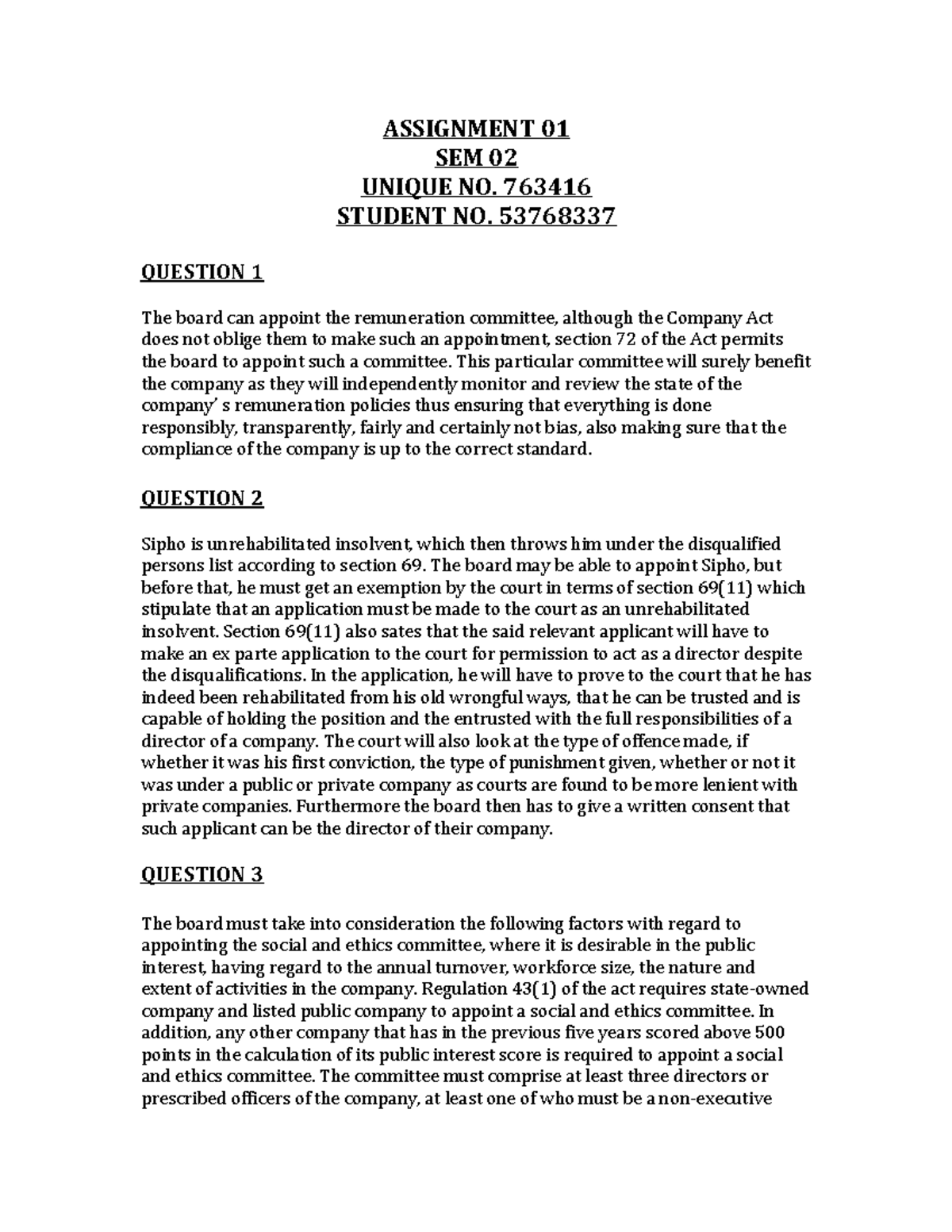Assignment 01 pdf lml - ASSIGNMENT SEM UNIQUE NO. STUDENT NO. QUESTION ...