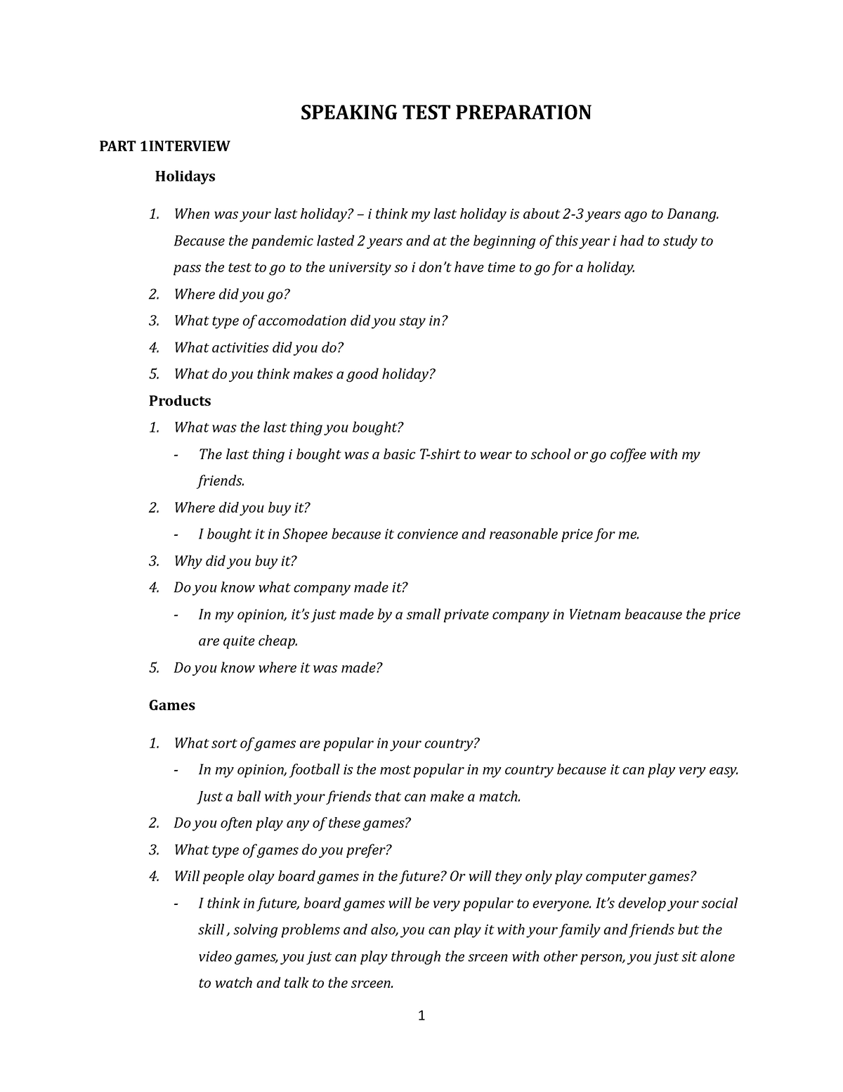 Speaking TEST Preparation - SPEAKING TEST PREPARATION PART 1INTERVIEW ...