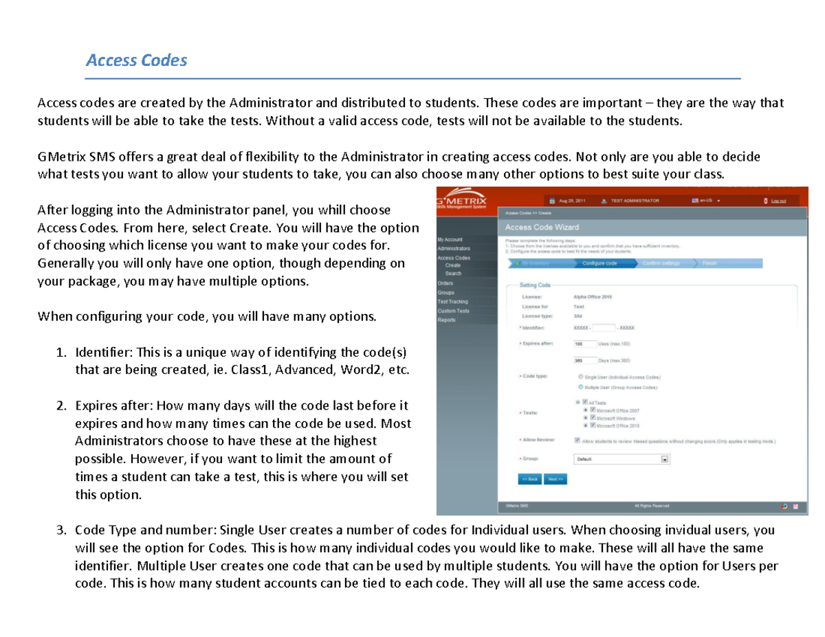Access Codes redes Access Codes Access codes are created by the