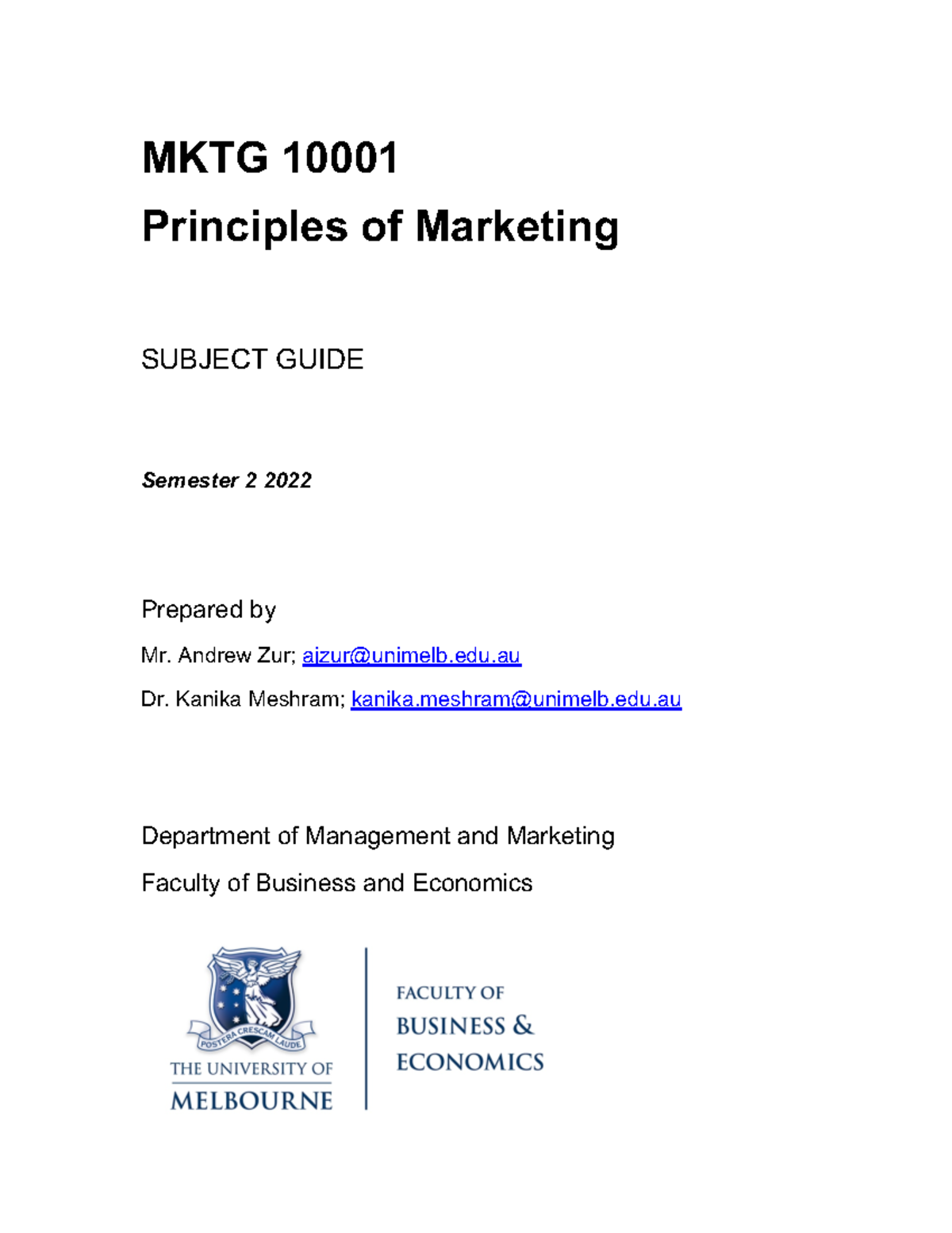 Principles Of Marketing Subject Guide - MKTG 10001 Principles Of ...