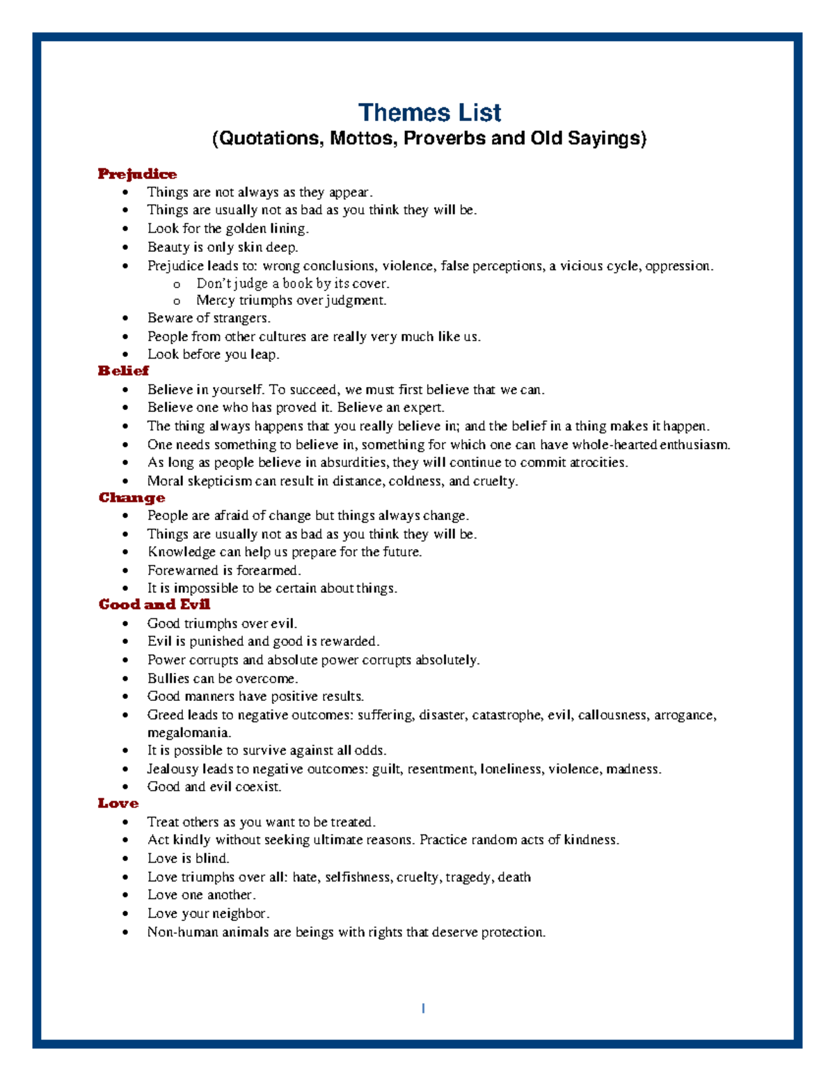 List of Common Themes-1 - 1 Prejudice Themes List (Quotations, Mottos ...