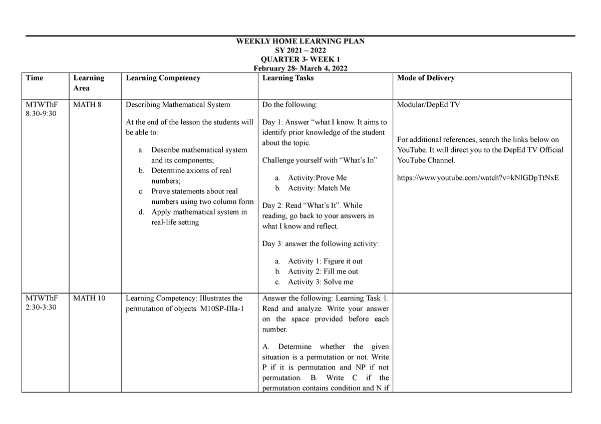 Whlp Q3w1 Grade 8 Whlp Q3w1 Weekly Home Learning Plan Sy 2021 2022 Quarter 3 Week 1 6151