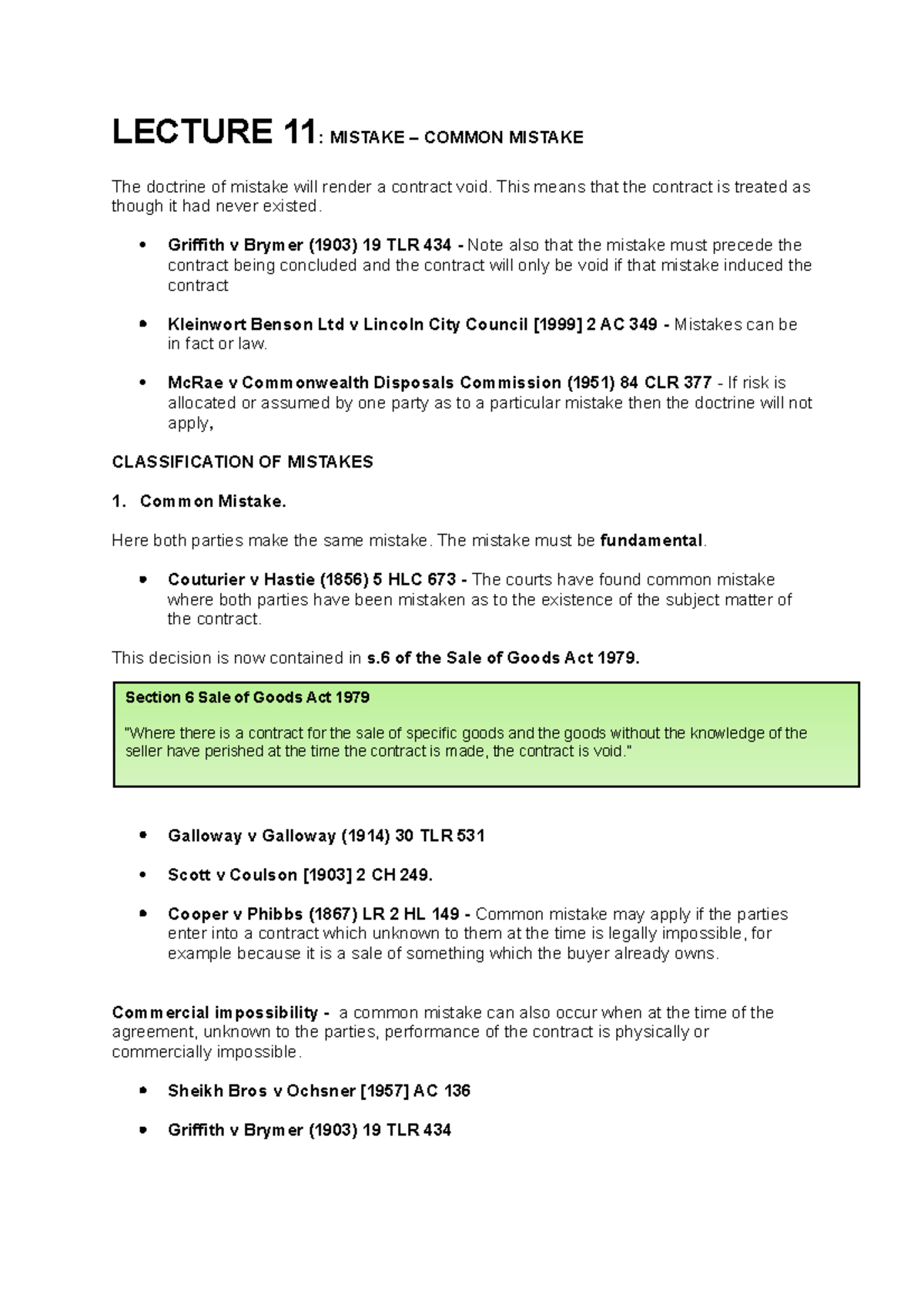 Lecture 11 - LECTURE 11: MISTAKE – COMMON MISTAKE The Doctrine Of ...