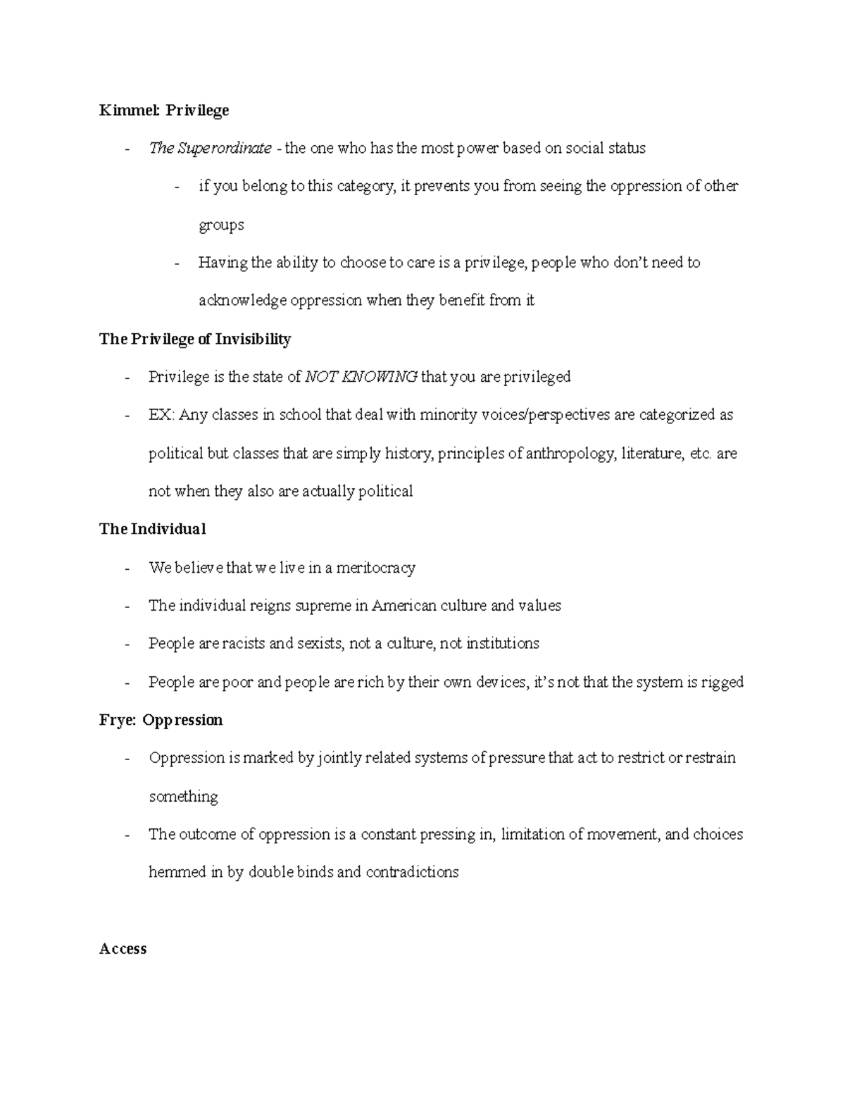 1/22 Class Notes - Kimmel: Privilege - The Superordinate - the one who ...