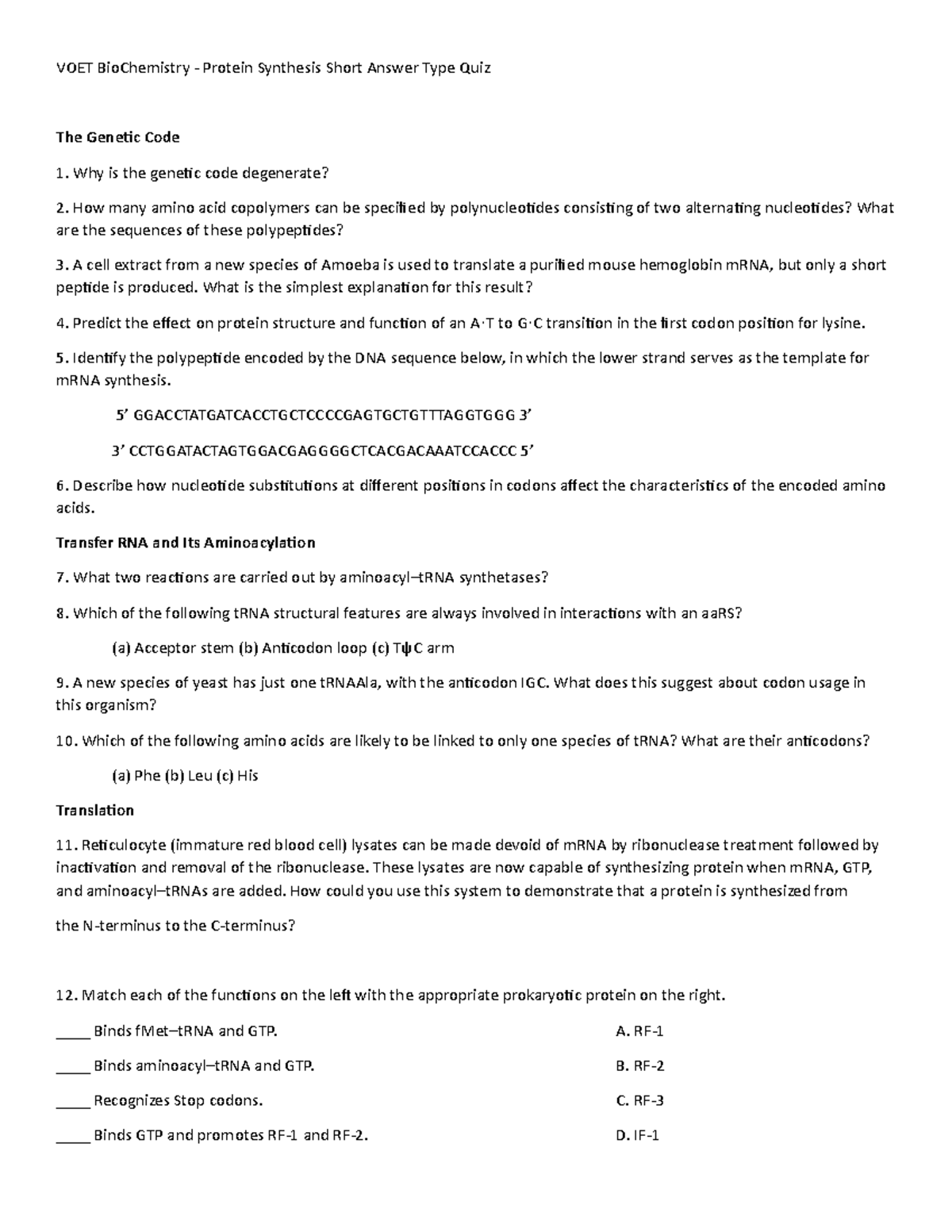 Protein Synthesis Short Answer type Quiz #1 - VOET BioChemistry ...