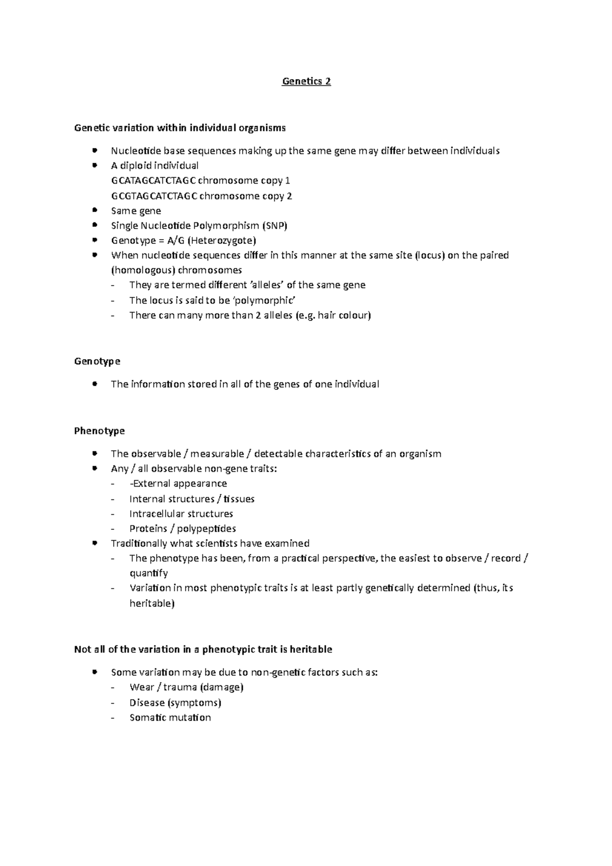 Genetics 2 - Lecture notes 2 - Genetics 2 Genetic variation within ...