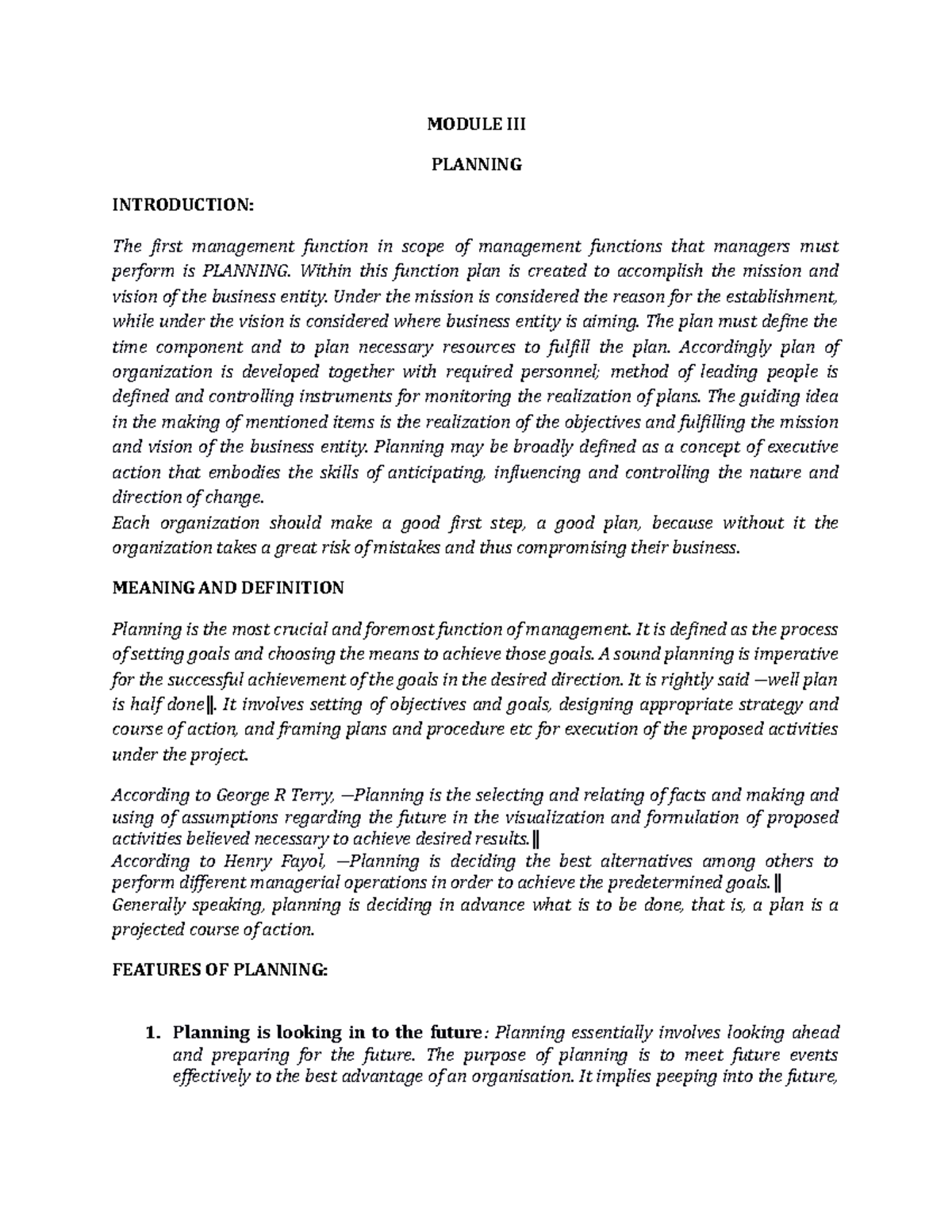 Planning notes - MODULE 3 - MODULE III PLANNING INTRODUCTION: The first ...