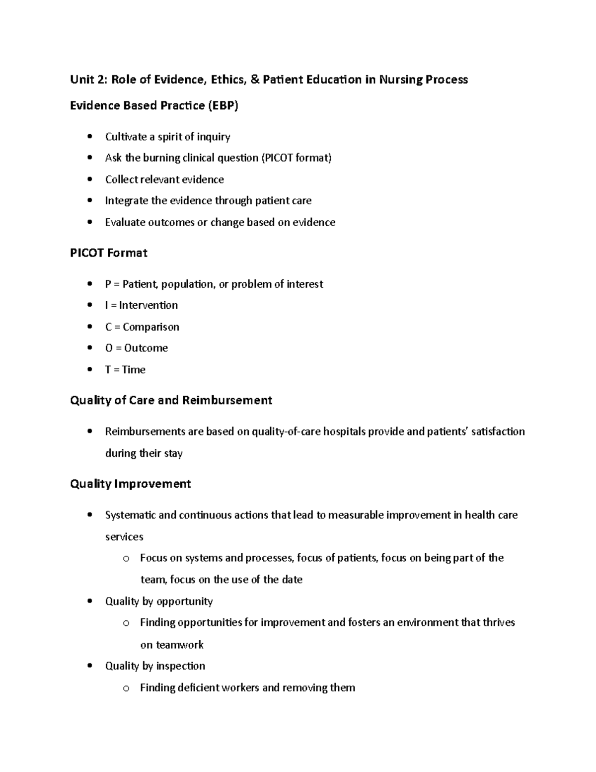 Fundamentals of Nursing Unit 2 Notes - Unit 2: Role of Evidence, Ethics ...