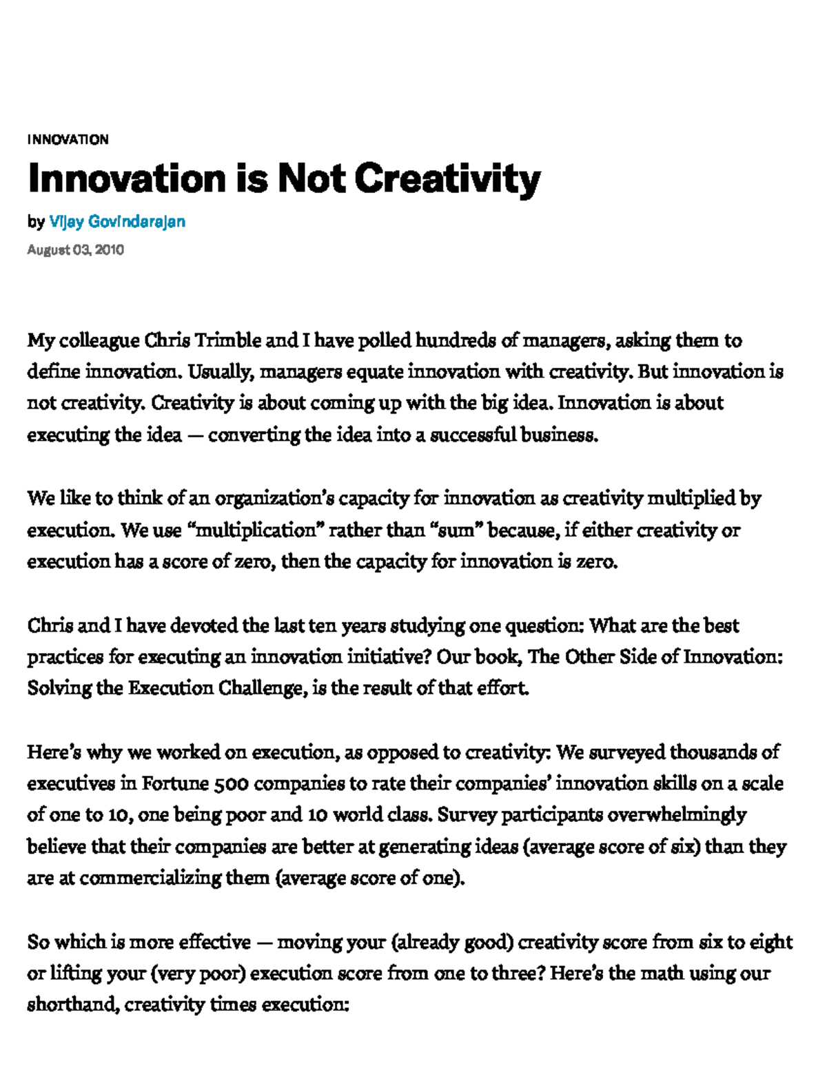 Innovation is Not Creativity - / INNOVATION Innovation is Not ...