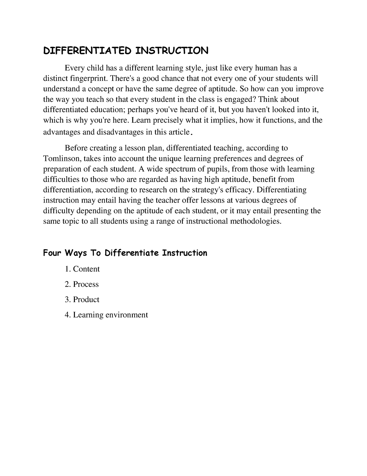 essay questions about differentiated instruction