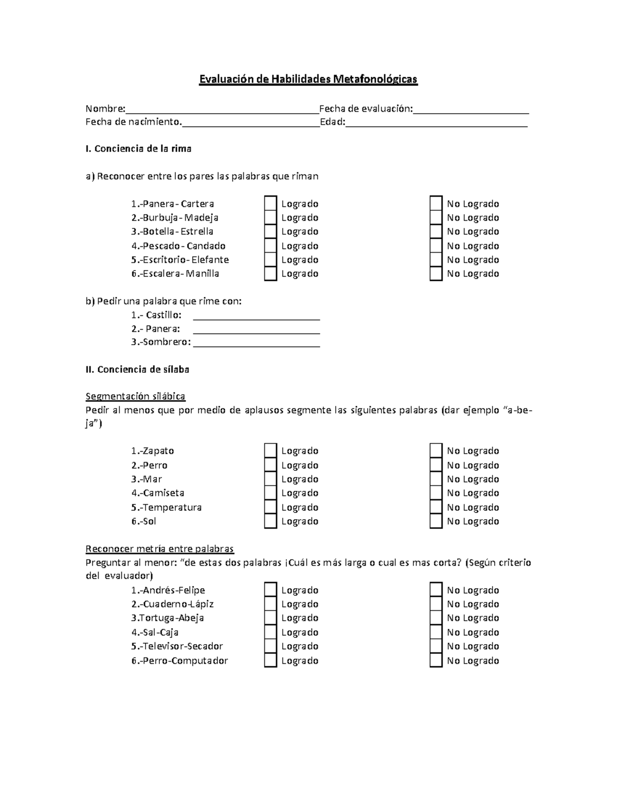 Evaluación De Habilidades Metafonológica - Evaluación De Habilidades ...