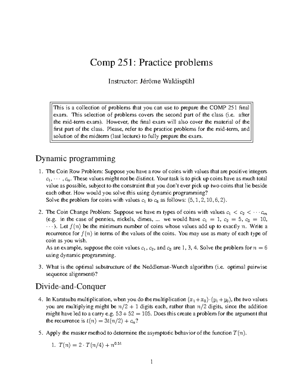 Practice Final Comp251 No Answers W2017 Comp 251 Practice Problems