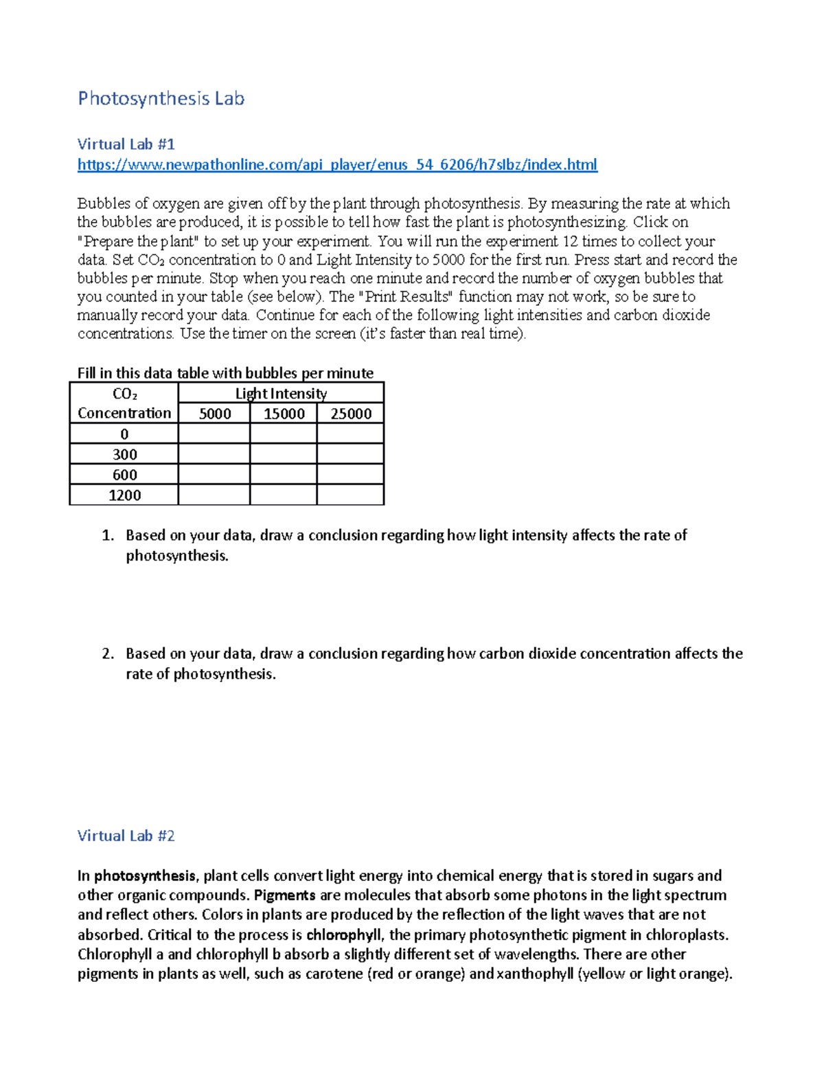 Photosynthesis Lab hhfrj Photosynthesis Lab Virtual Lab Studocu