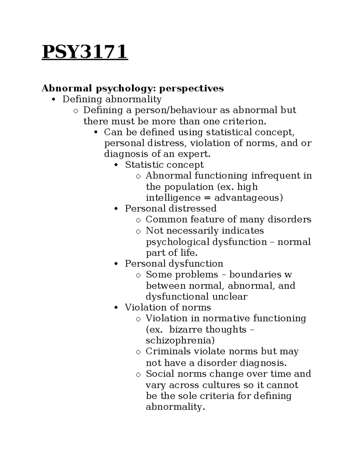 PSY3171 - lecture 1 - PSY Abnormal psychology: perspectives Defining ...