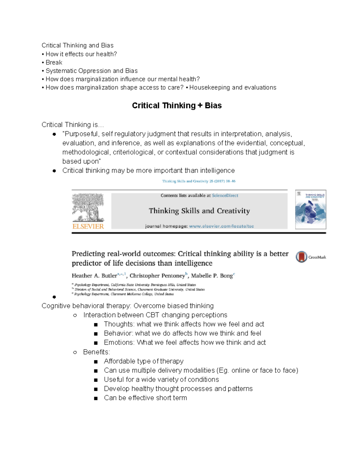HS 1110 Critical Thinking - Critical Thinking and Bias How it effects ...
