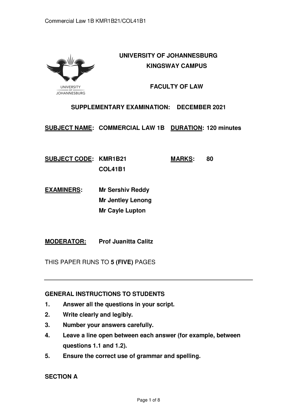 Commercial Law 1B Supp Exam Memo 2021 - UNIVERSITY OF JOHANNESBURG ...