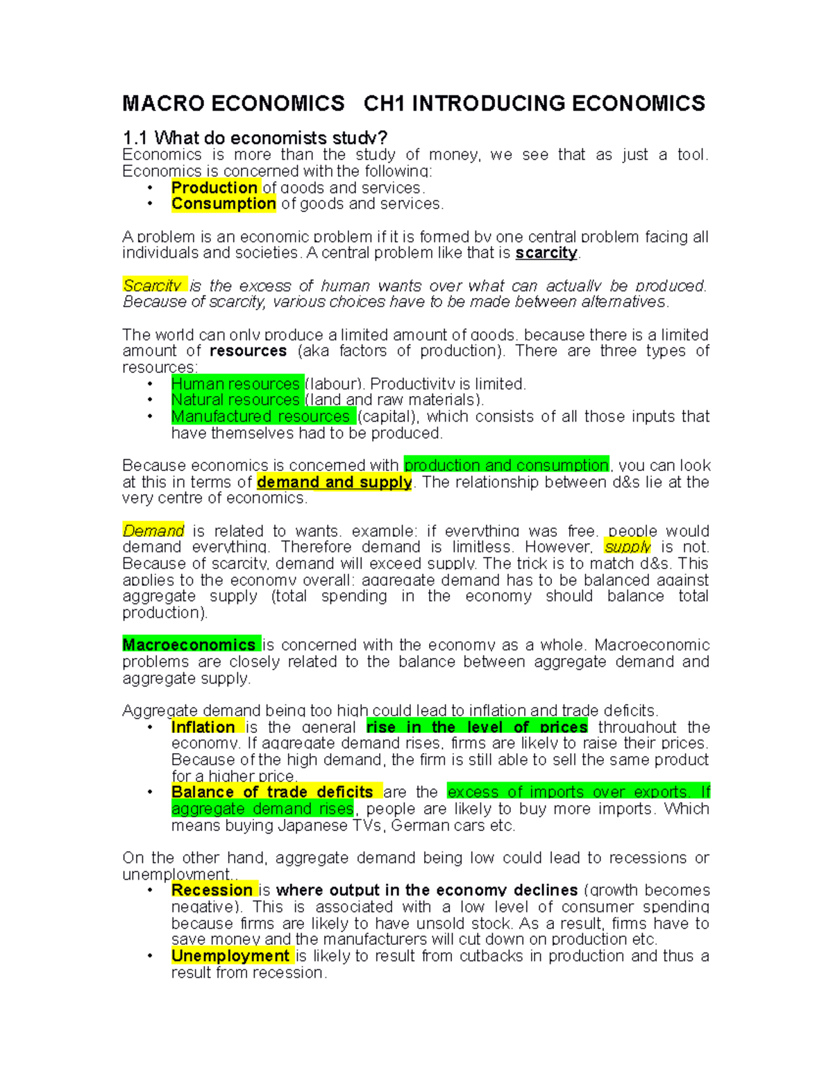 Macroeconomics CH1 Notes - MACROECONOMICS CHAPTER 1: Limits, alternatives,  and choices Economics is - Studocu