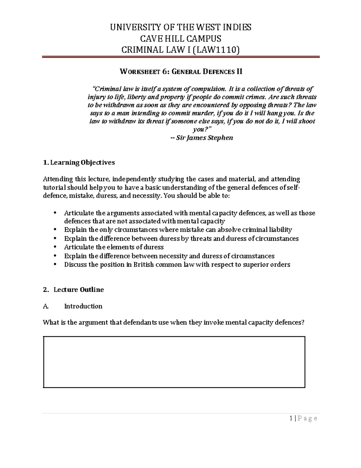 CAVE HILL Criminal Law I Worksheet 6 - General Defences II - CAVE HILL ...