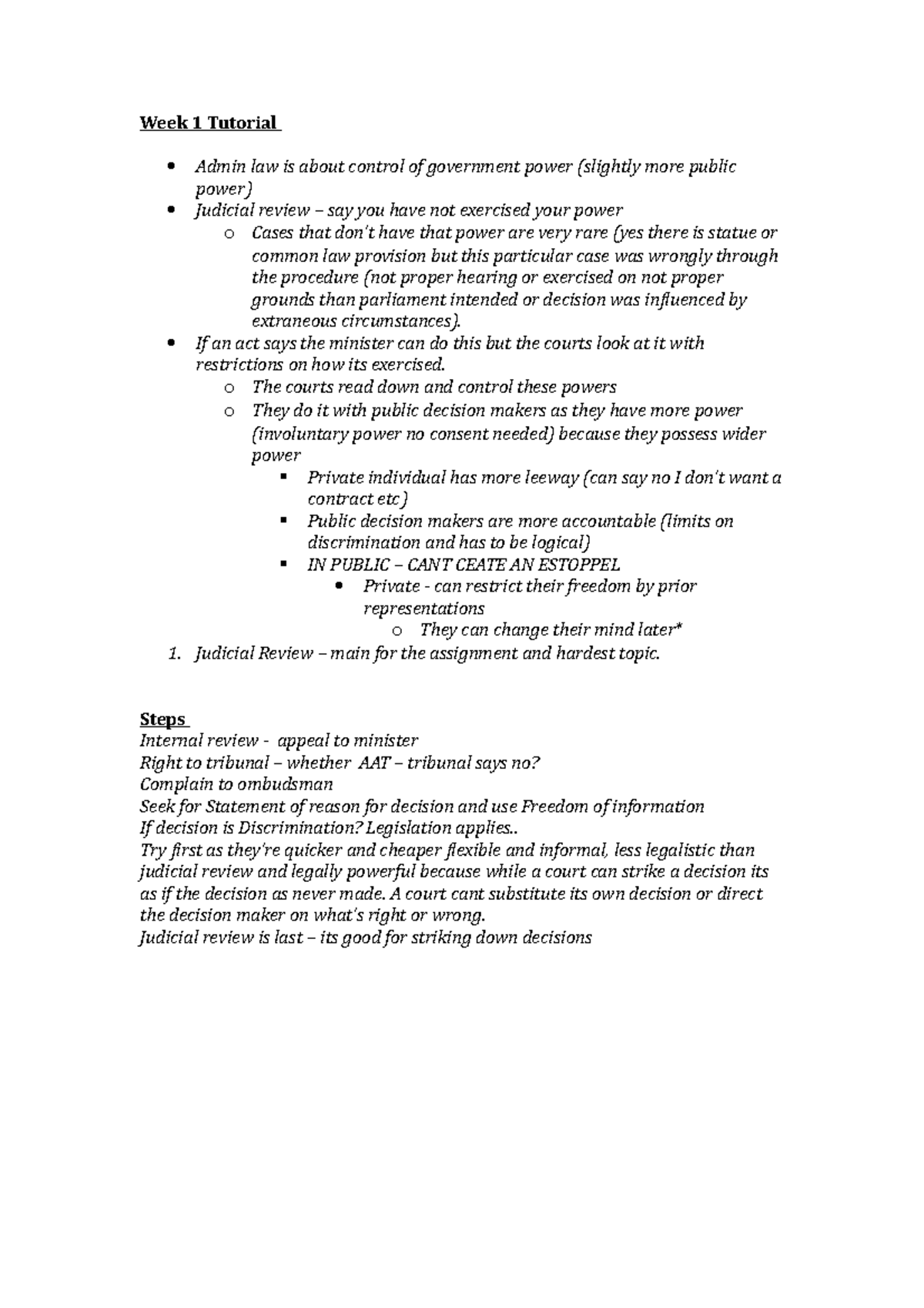 Admin Law - Week 1 Tutorial with answers - Week 1 Tutorial Admin law is ...