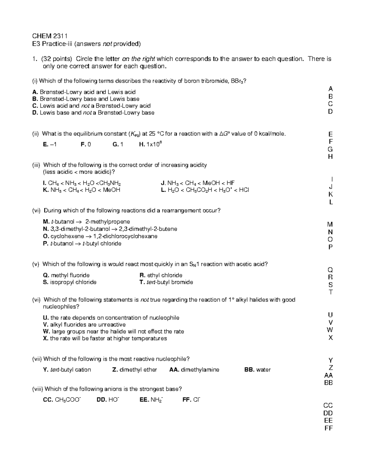 Practice Exam 3 C - CHEM 2311E3 Practice-iii (answers Not Provided) 1 ...