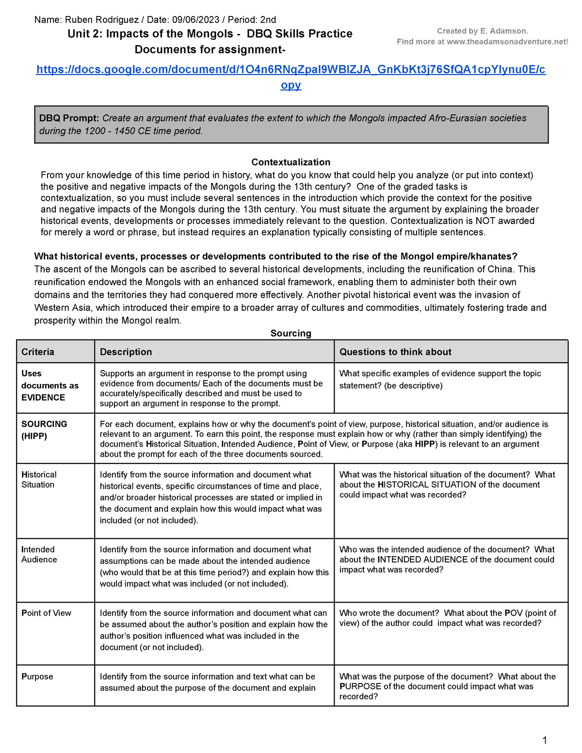 Copy of Copy of Unit 2 DBQ Worksheet- Impacts of the Mongols - Name ...