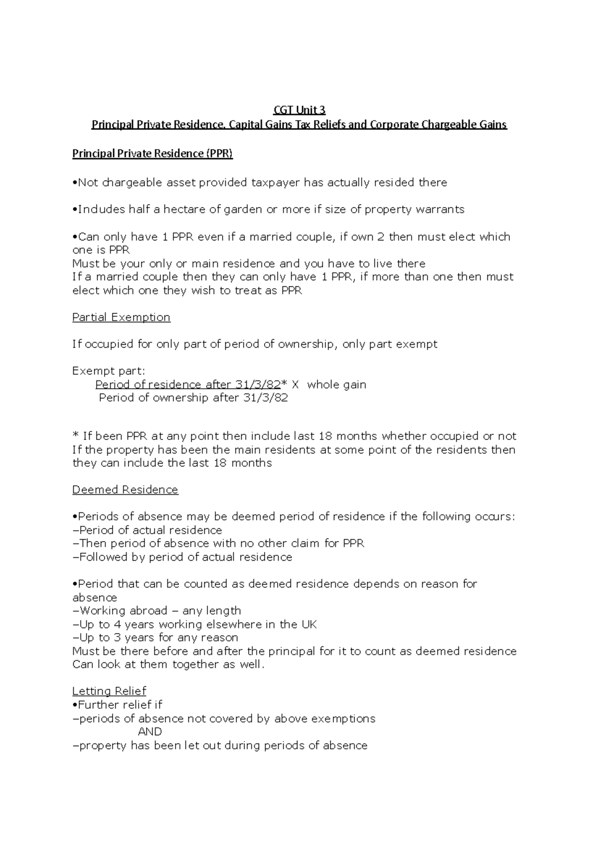 Lecture 3 - CGT 3 notes - CGT Unit 3 Principal Private Residence ...