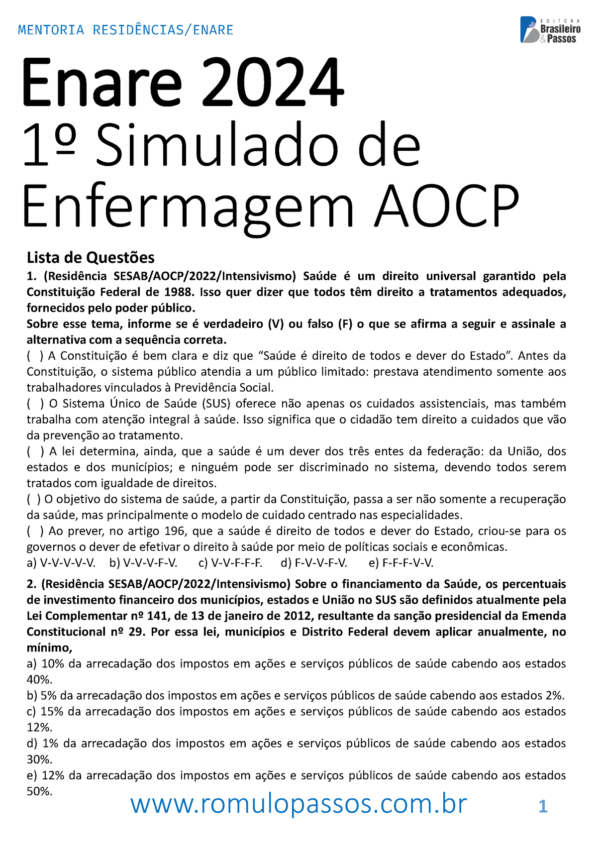 (PDF) Simualdo De Enfermagem Enare 2024 AOCP - Enare 2024 1∫ Simulado ...