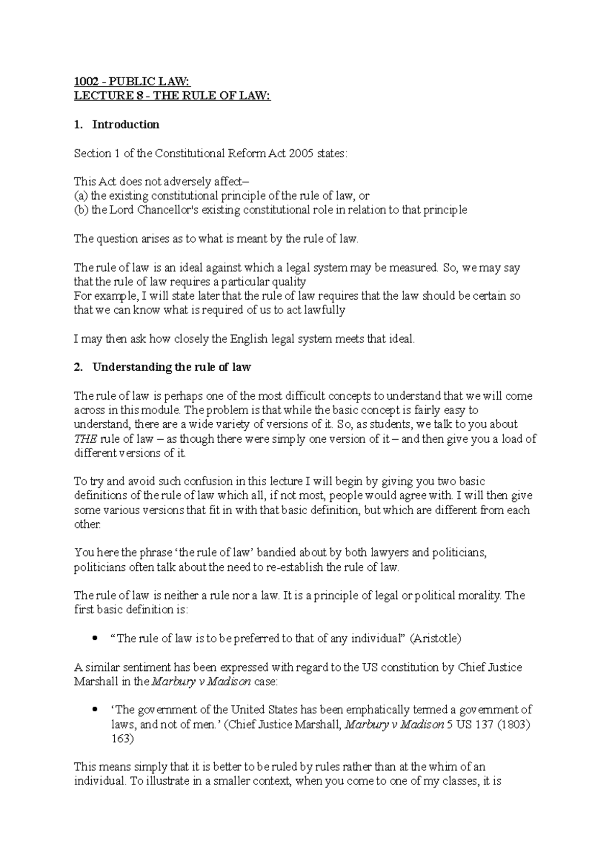 Lecture 8 - THE RULE OF LAW - 1002 - PUBLIC LAW: LECTURE 8 - THE RULE ...