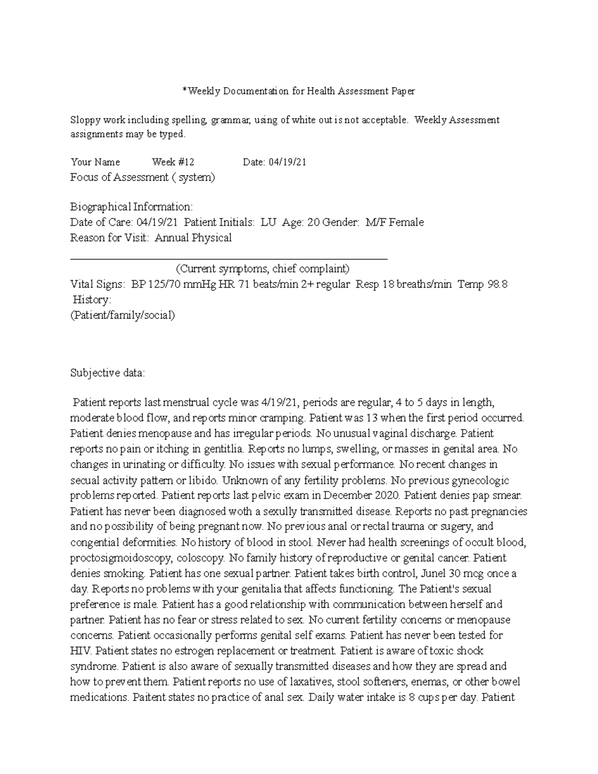 Weekly Documentation for Health Assessment Paper week 12 2 *Weekly